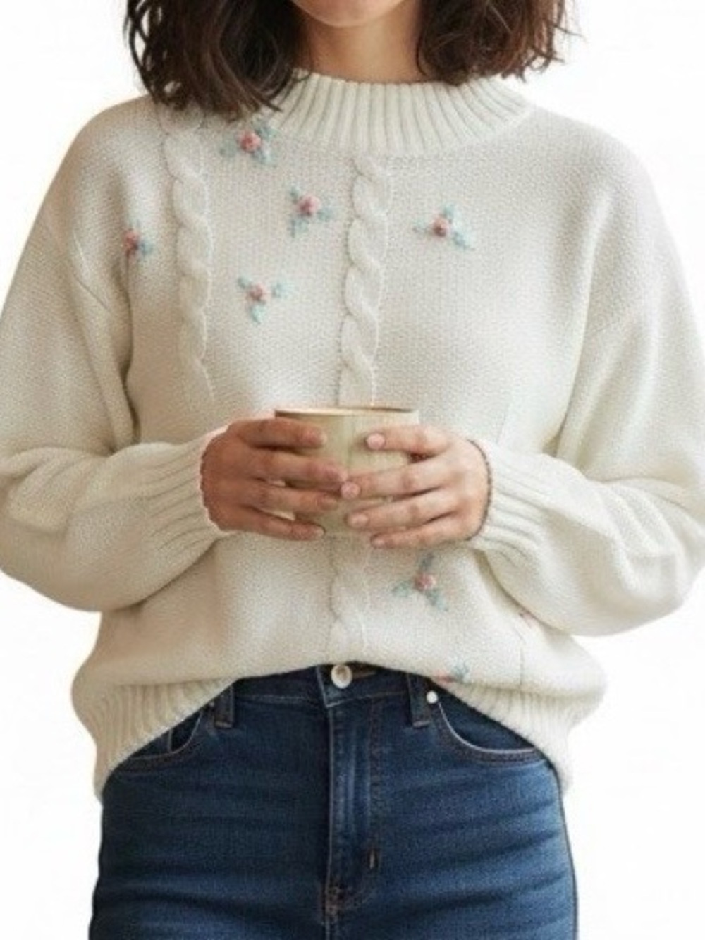 Vintage White Cable Knit Rosette Sweater Pink Mint Green Floral M Pastel Cottage